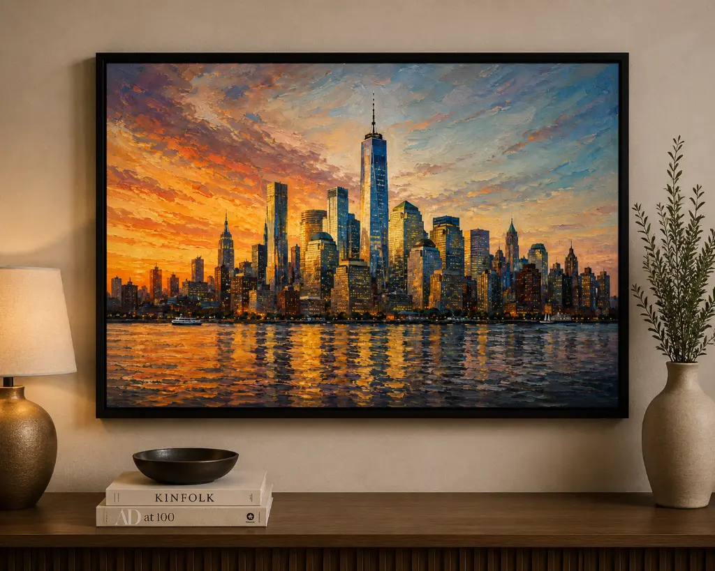 City skyline at sunset in oil paint_OV03_01.webp