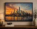 City skyline at sunset in oil paint_OV03_01.webp